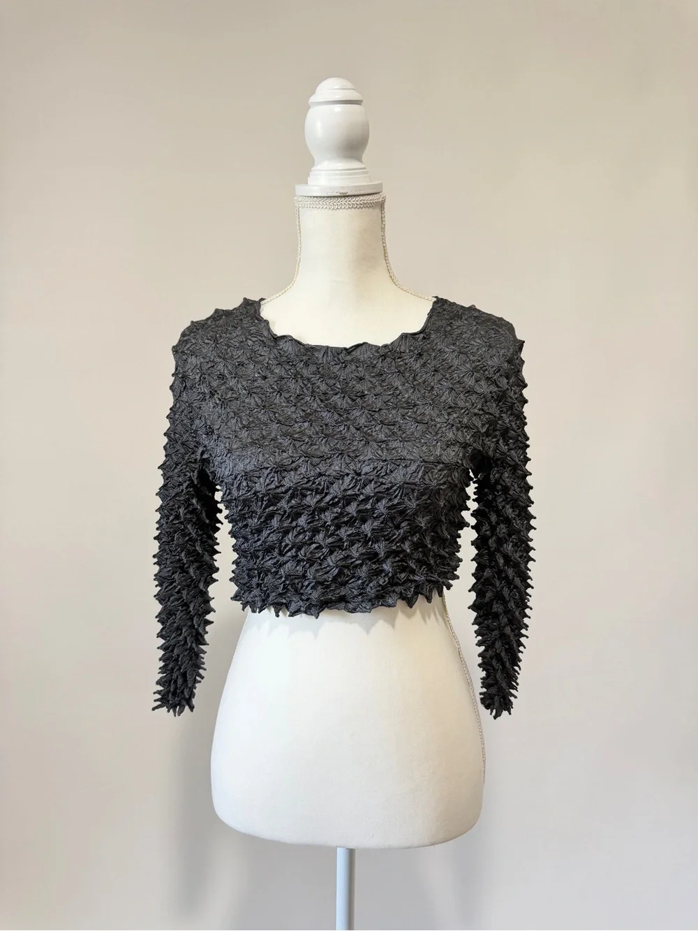 Textured Black Cropped Long Sleeve Top